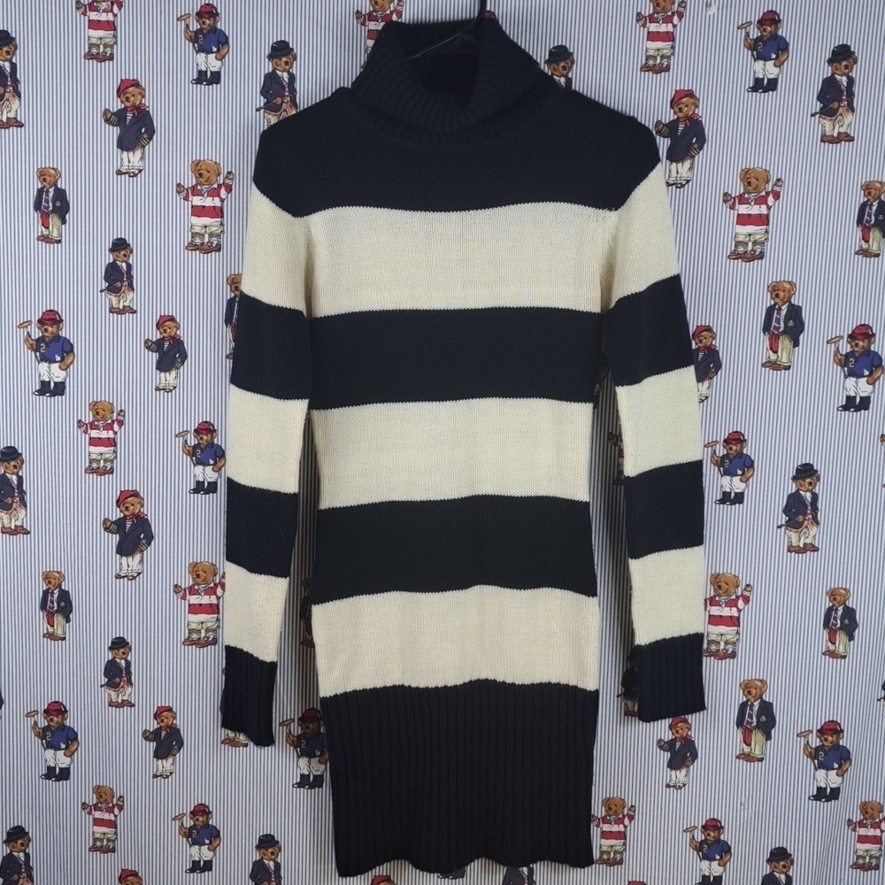 Seductions chunky stripe black & white fitted knit turtle neck Med sweater dress